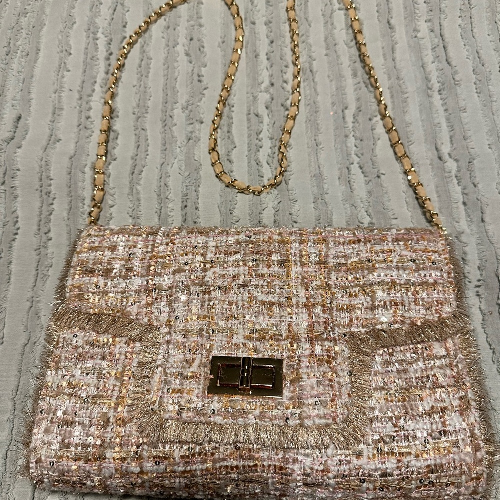 Crossbody Flap Tweed Turnlock Sparkle Bag with Removable Chain Strap - New